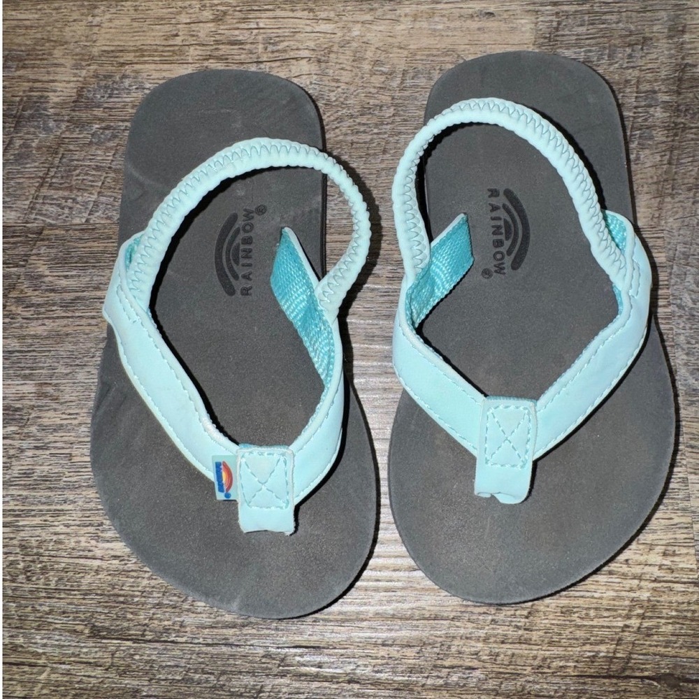 Rainbow Sandals Kids Gray Light Blue Elastic Backstrap Flip Flops Size 7/8